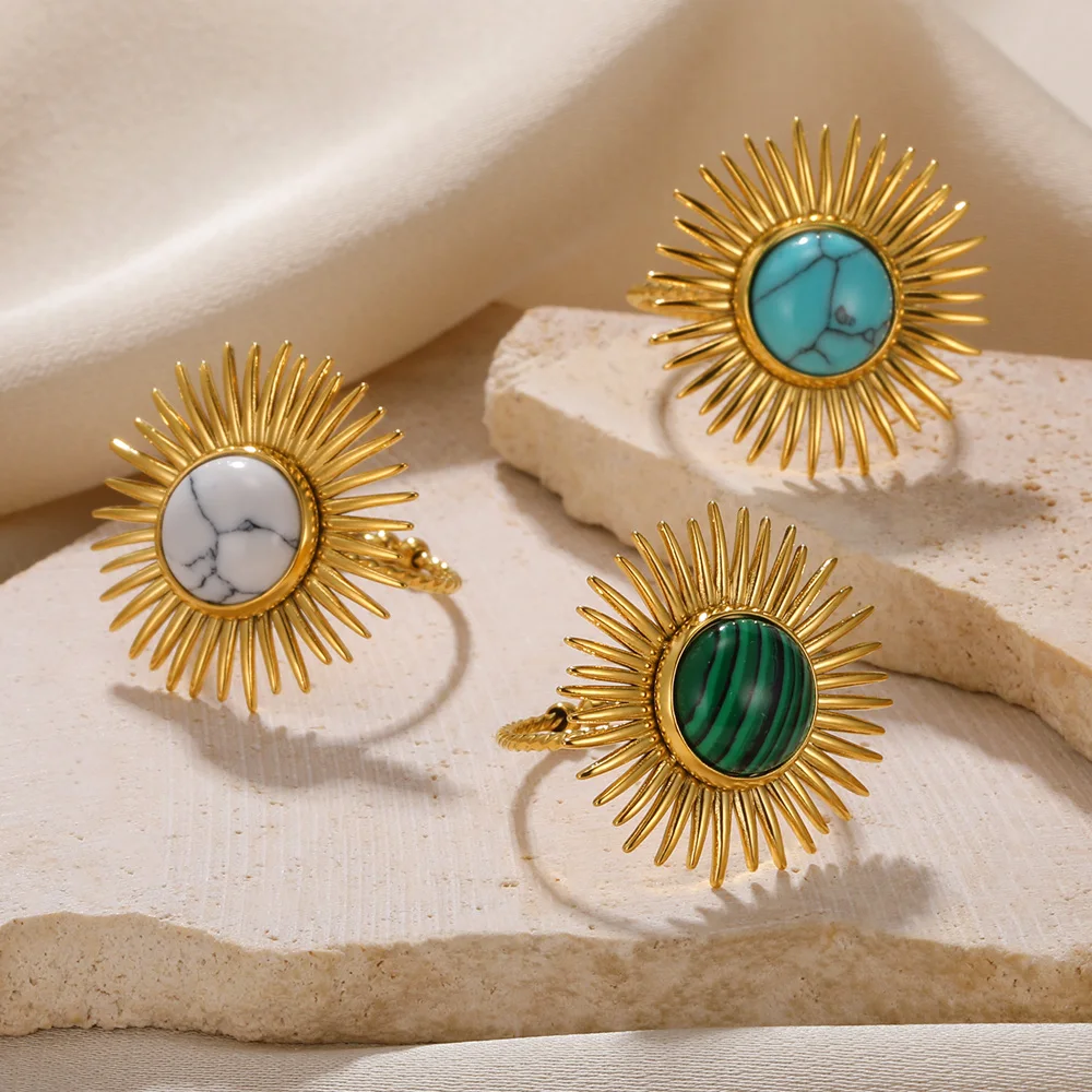 

Stainless Steel Open Rings For Women Natural Stone Rings Gold Color Sunflower Anillos Ring Jewelry Gift