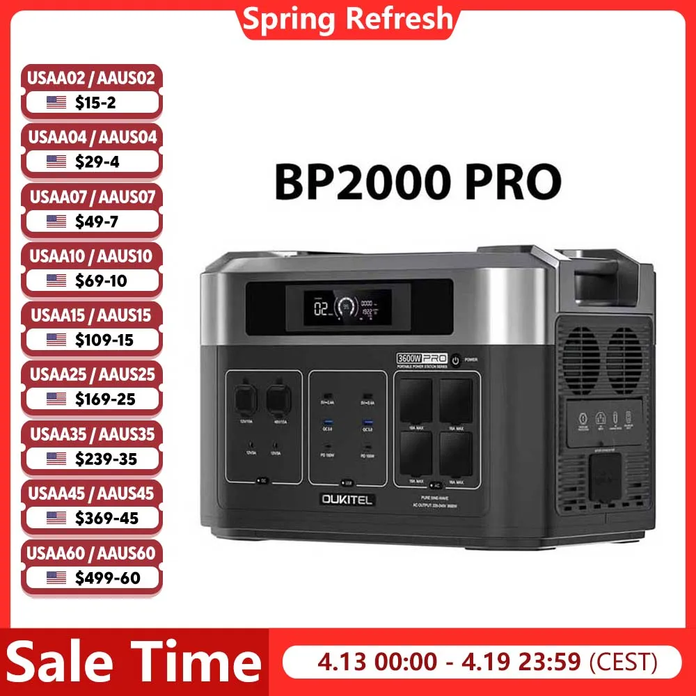 

Портативная электростанция OUKITEL BP2000 PRO 3600W, солнечный генератор 2048Wh, аккумулятор Lifepo4, резервное питание для дома, кемпинга и активного отдыха