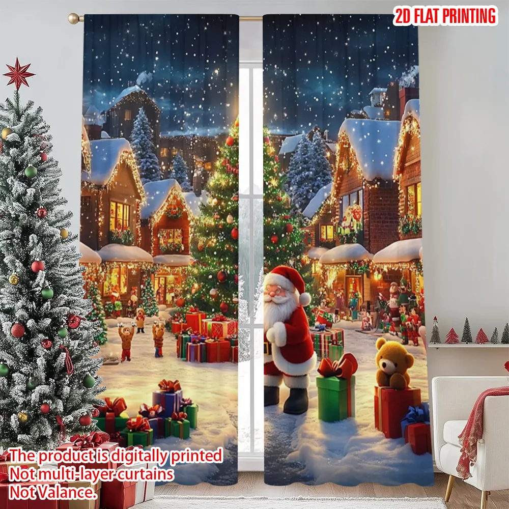 

2pcs 2D flat printing Christmas Curtain Christmas Village Versatile Durable Polyester Without Electricity Festive Holiday Use
