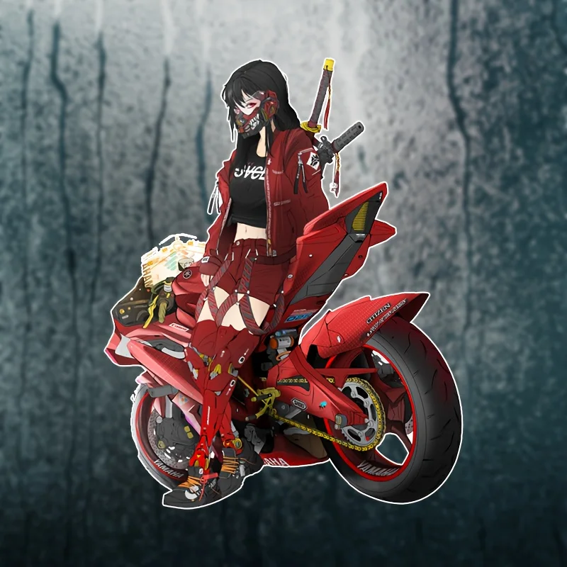 1pc Red Anime Masked Samurai Girl Motorcycle Sticker, Waterproof UV Decal for Fuel Tank, Fairing, Helmet & Laptop
