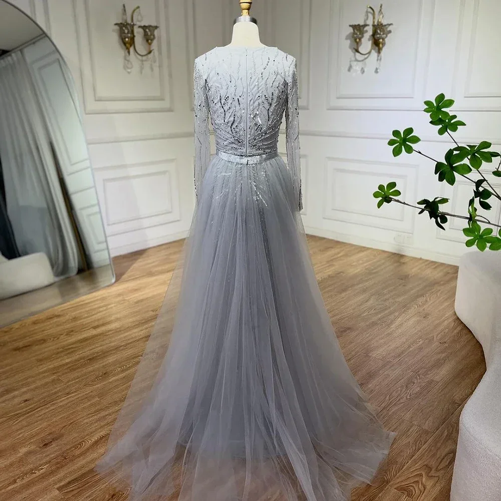 SERENE HILL Customized 2025 Dubai Gray Long Sleeves Mermaid Beaded Luxury Evening Dresses Arabic Gowns Wedding Party CLA72239A