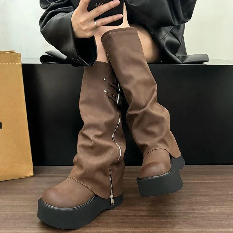 Chunky Women Knight High Boots Fashion Platform Flats Trouser Long Booties Autumn Winter Female Western Cowboy Shoes