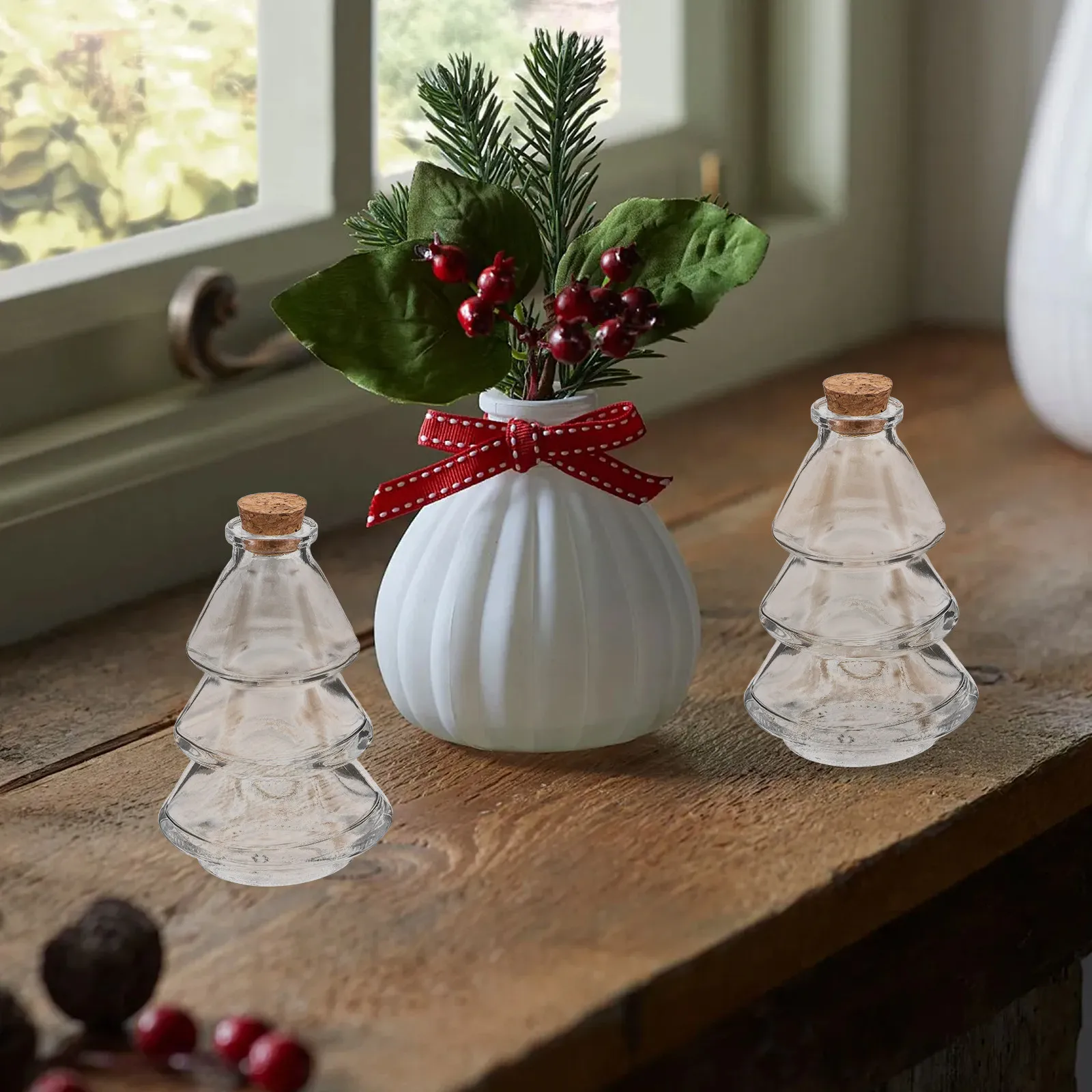 2Pcs Christmas Tree Shaped Transparent Glass Bottles Small Corked Wishing Jars Message Containers DIY Party Favor Decor