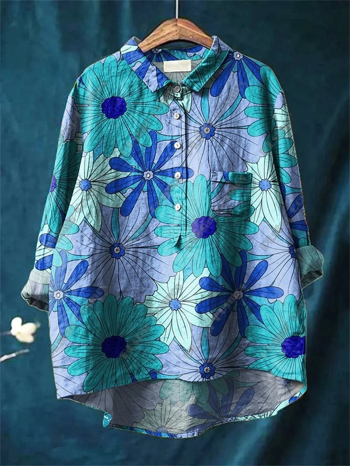 

2025 New 3D printed women's loose retro floral fun casual print open-tube shirt, women's cotton and linen texture top
