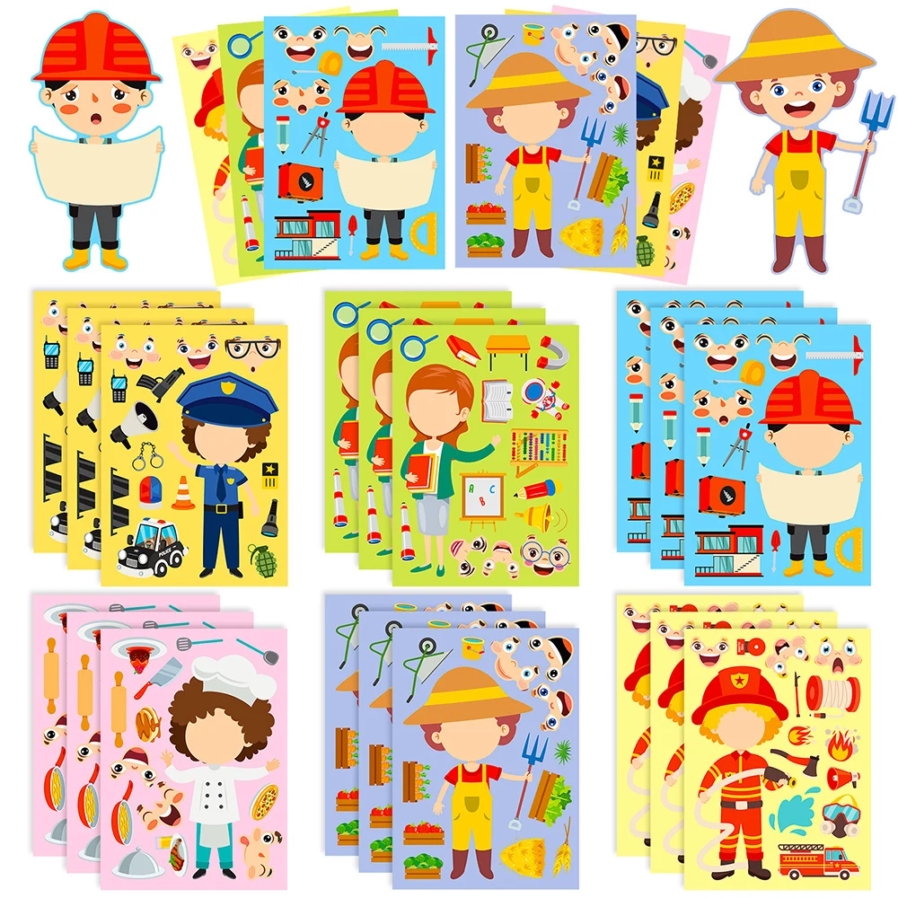 8/16 feuilles d'autocollants puzzle professionnels à thème de dessins animés, mignons, sur le thème de la police et des enseignants, jouets éducatifs à assembler, décorations