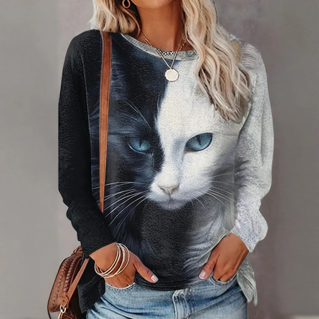 

Women's Long-Sleeved T-Shirt for Fall Fashionable Round Neck T-Shirt Top Cartoon Two-Tone Cat Print OverSize Women's Clothing