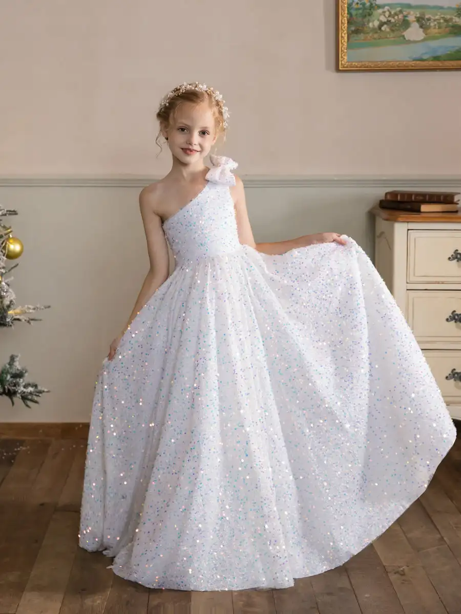 Vestidos blancos de flores para niña, vestido brillante de un hombro con lentejuelas de terciopelo, línea A, largo hasta el suelo, Espalda descubierta, vestidos de baile para fiesta de cumpleaños