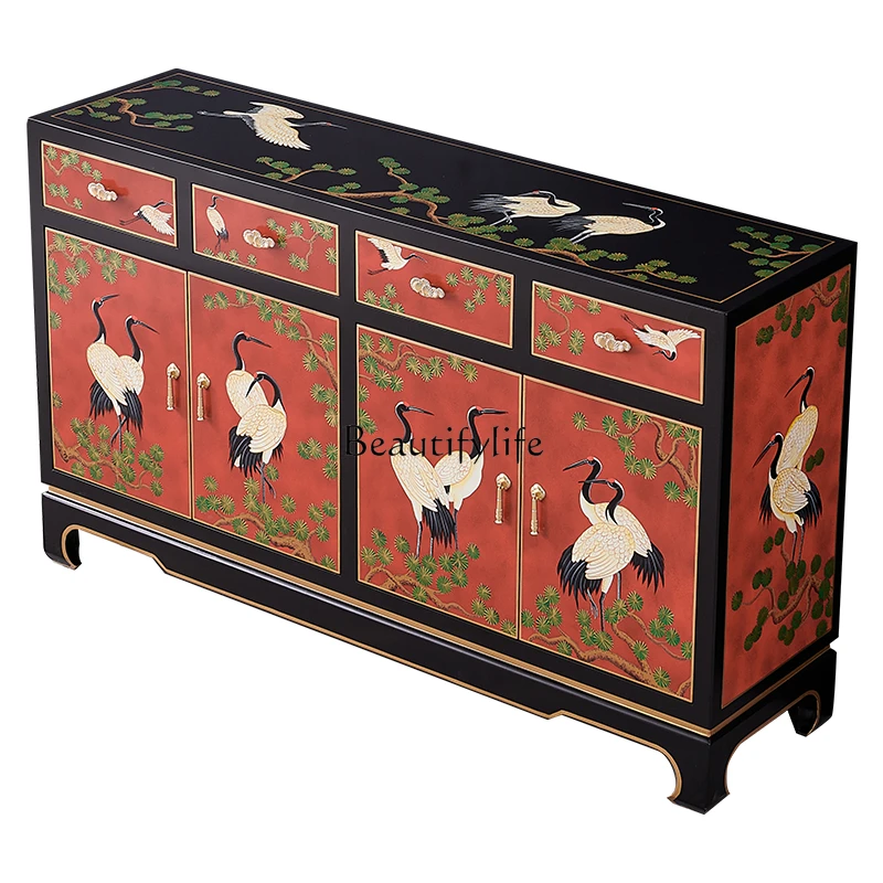 

New Chinese style red solid wood painted crane living room entrance entrance decorative cabinet