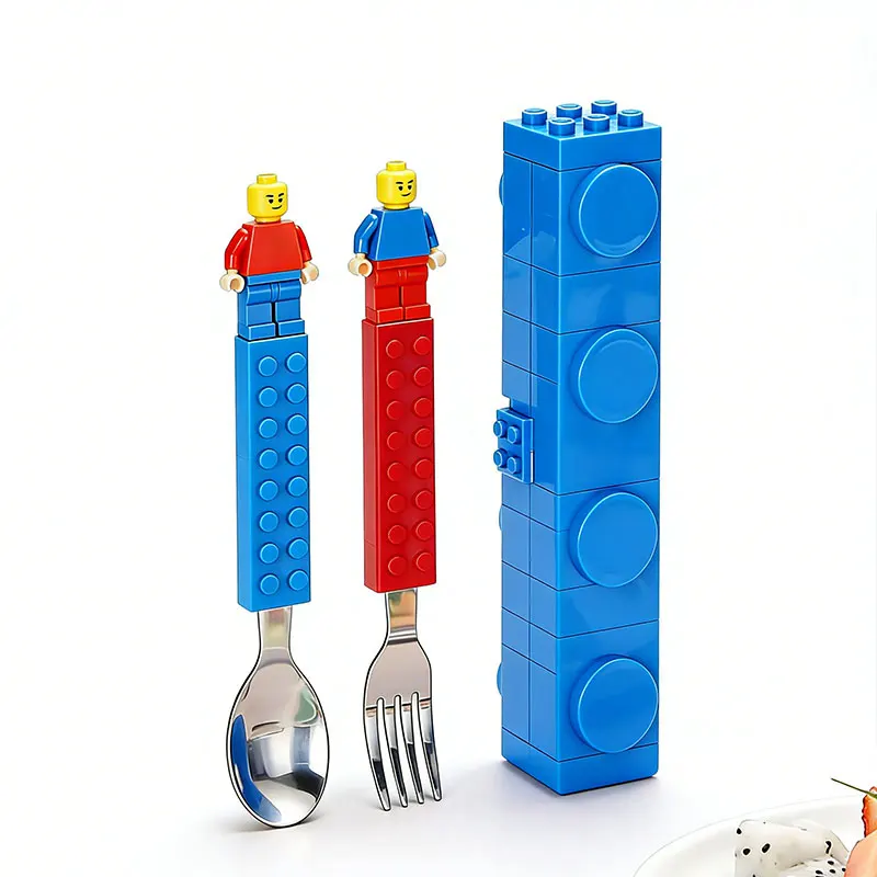 

304 Stainless Kids Funny Fork Spoon Set Children Building Block Toys Cartoon Steel Tableware Portable Storage Jigsaw Puzzle Toys