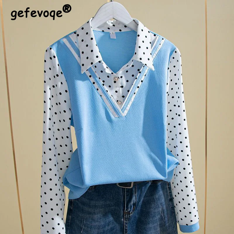 2023 New Fashion Versatile Polka Dot Print Long Sleeve T-Shirt Women Korean Polo-Neck Embroidered Flares Fake Two Pieces Tops