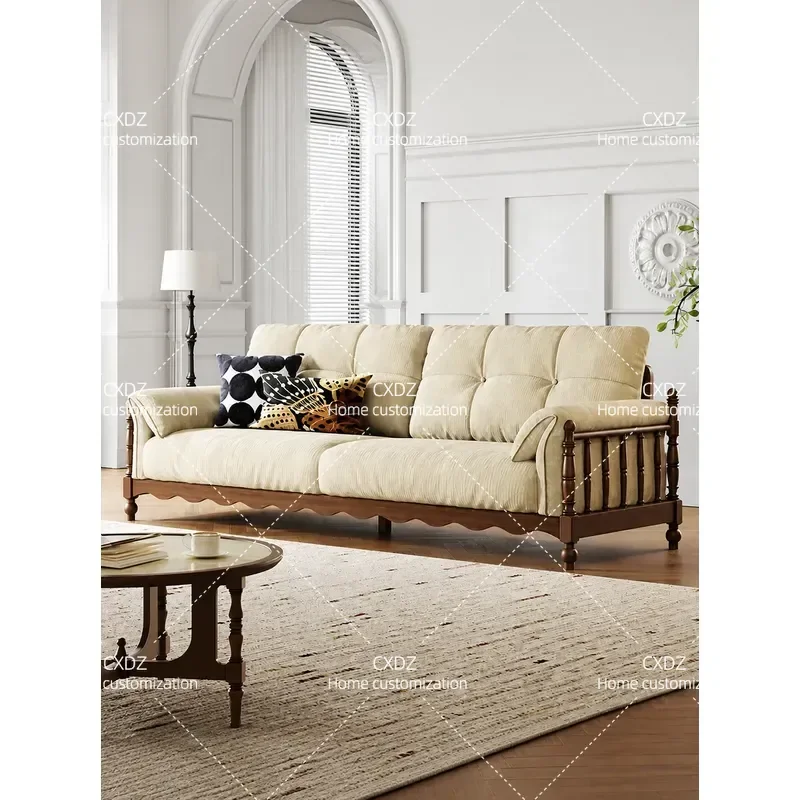 Medieval Retro Solid Wood Sofa 3 Seater Straight Fabric Couch for Living Room Small Apartment Removable Washable Cover