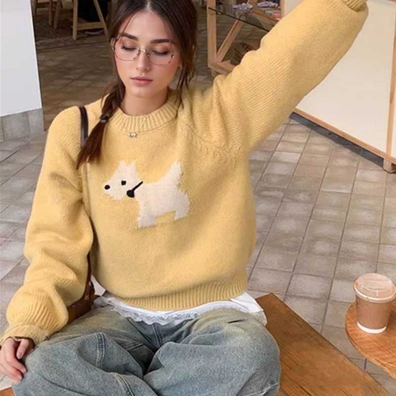 Round Neck Long Sleeved Pullover Puppy Sweater New Women Autumn Winter Office Tops Elegant Loose Fashion Casual Knitted Sweater