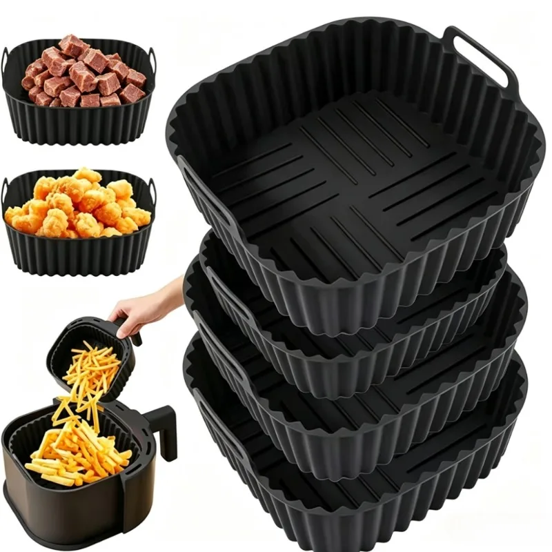 3 Piece Air Fryer Silicone Liners Square Reusable 8 Inch Baking Tray for 4 to 6 Quart Fryers Oven Microwave Kitchen Cooking Use