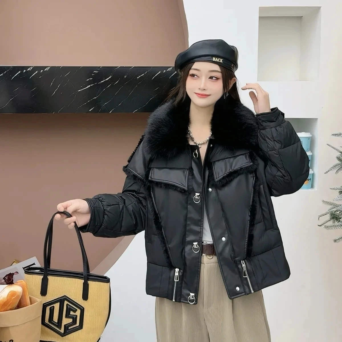 2025 Winter New Down Jacket for Women Fashion Short Large Hairy Collar Detachable Warm Duck Down Coat Female Motorcycle Jackets