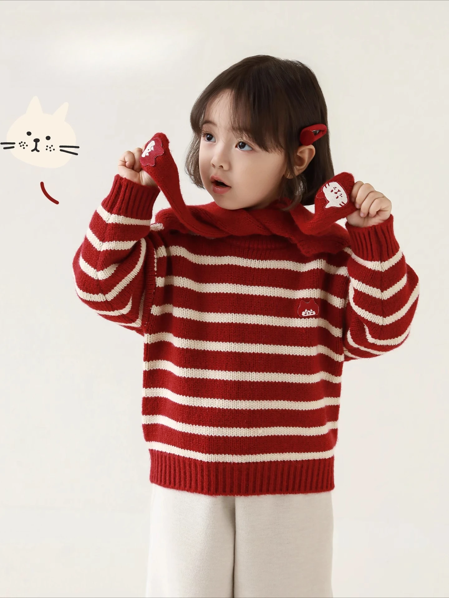Girls Winter Knitwear 2025 Detachable Long Ears Hood Striped Fluffy Thermal Sweater Cozy Versatile Pullover 1-7 Years