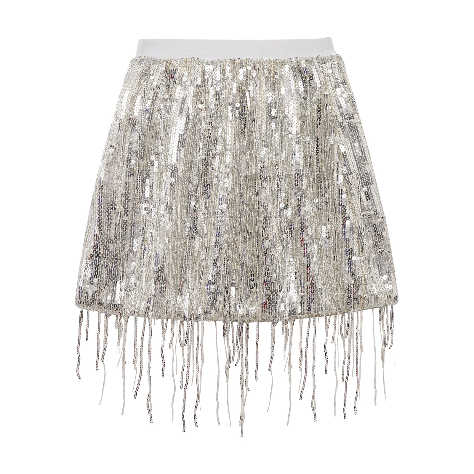 키즈 소녀 재즈 라틴 댄스 스커트 스파클링 스팽글 술 탄성 허리띠 a 라인 스커트 볼룸 무대 공연 댄스웨어