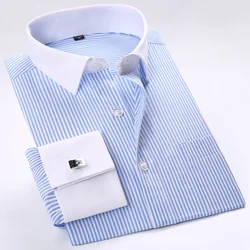 Men's Business Contrast Collar French Cuff Dress Shirts Single Patch Pocket Regular-fit Long Sleeve Social Wedding Party Shirt