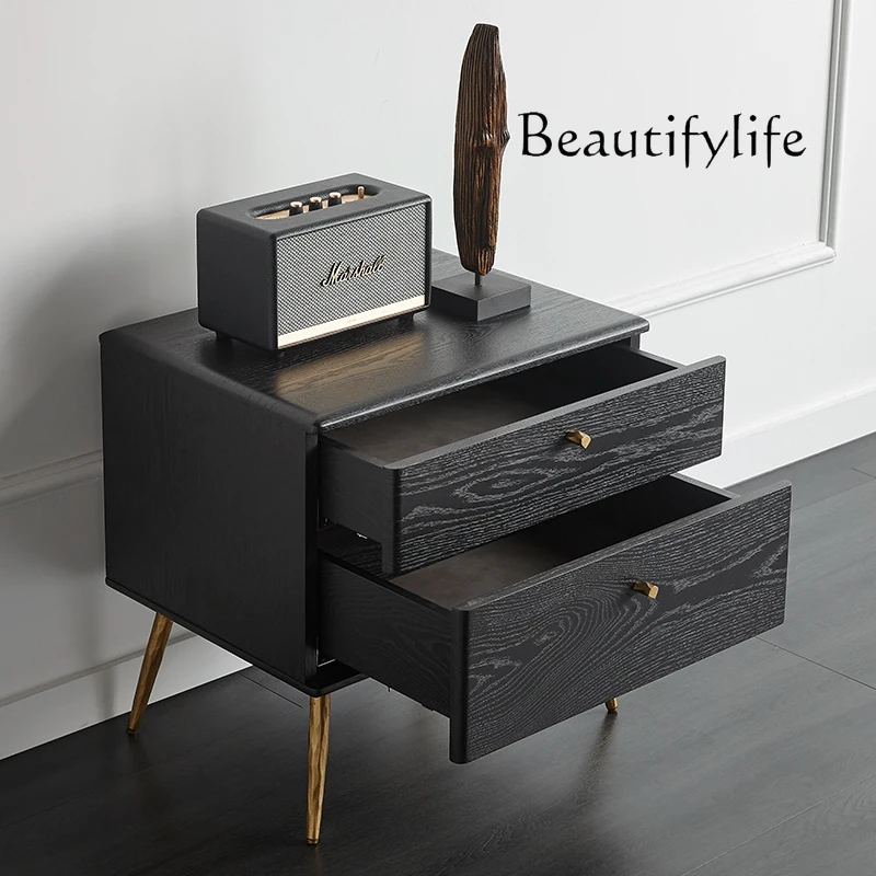 

Light Luxury Modern Solid Wood Bedside Cabinet Nordic Minimalist Oak Black Storage Bedroom Side Cabinet