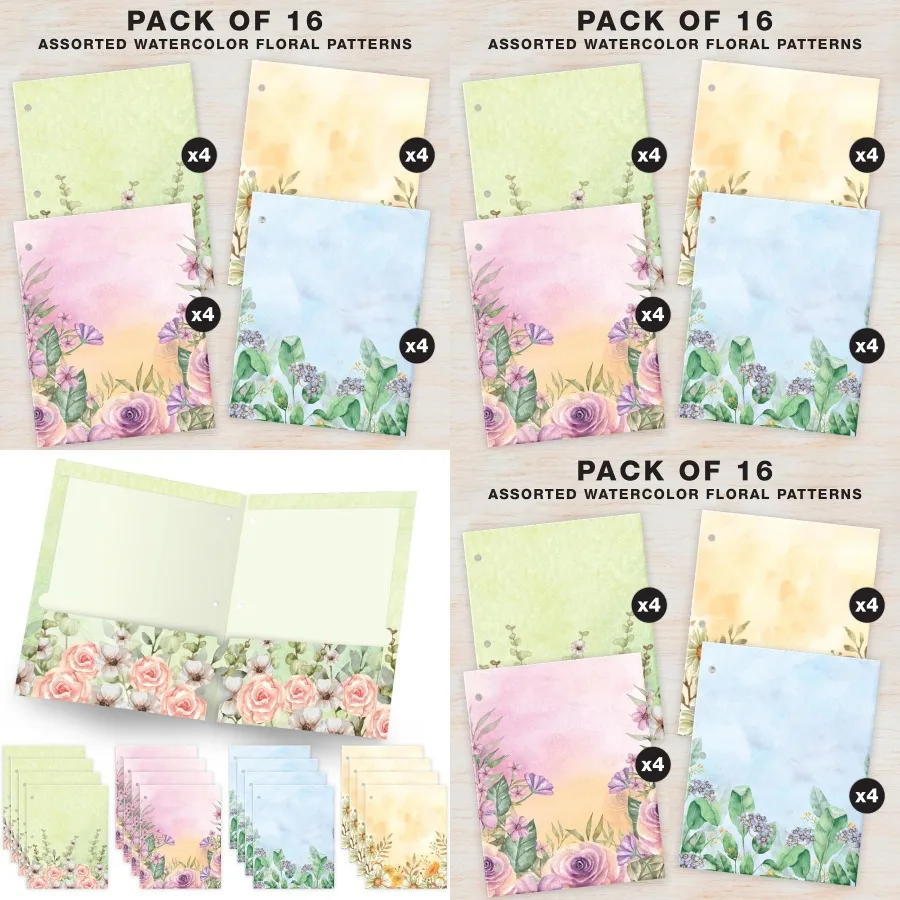 

Global Printed Products Deluxe Designer Pocket Folders Letter Size 3-Hole Punched 4 Patterns 16/pk Watercolor Floral - Ideal fo