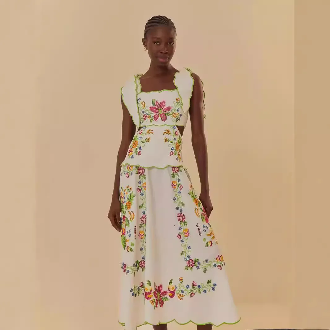 Damska sukienka midi z haftem kwiatowym, falbanką i wycięciami, dwuczęściowa, z kwadratowym dekoltem, bez rękawów, letnia sukienka w stylu boho na imprezę.