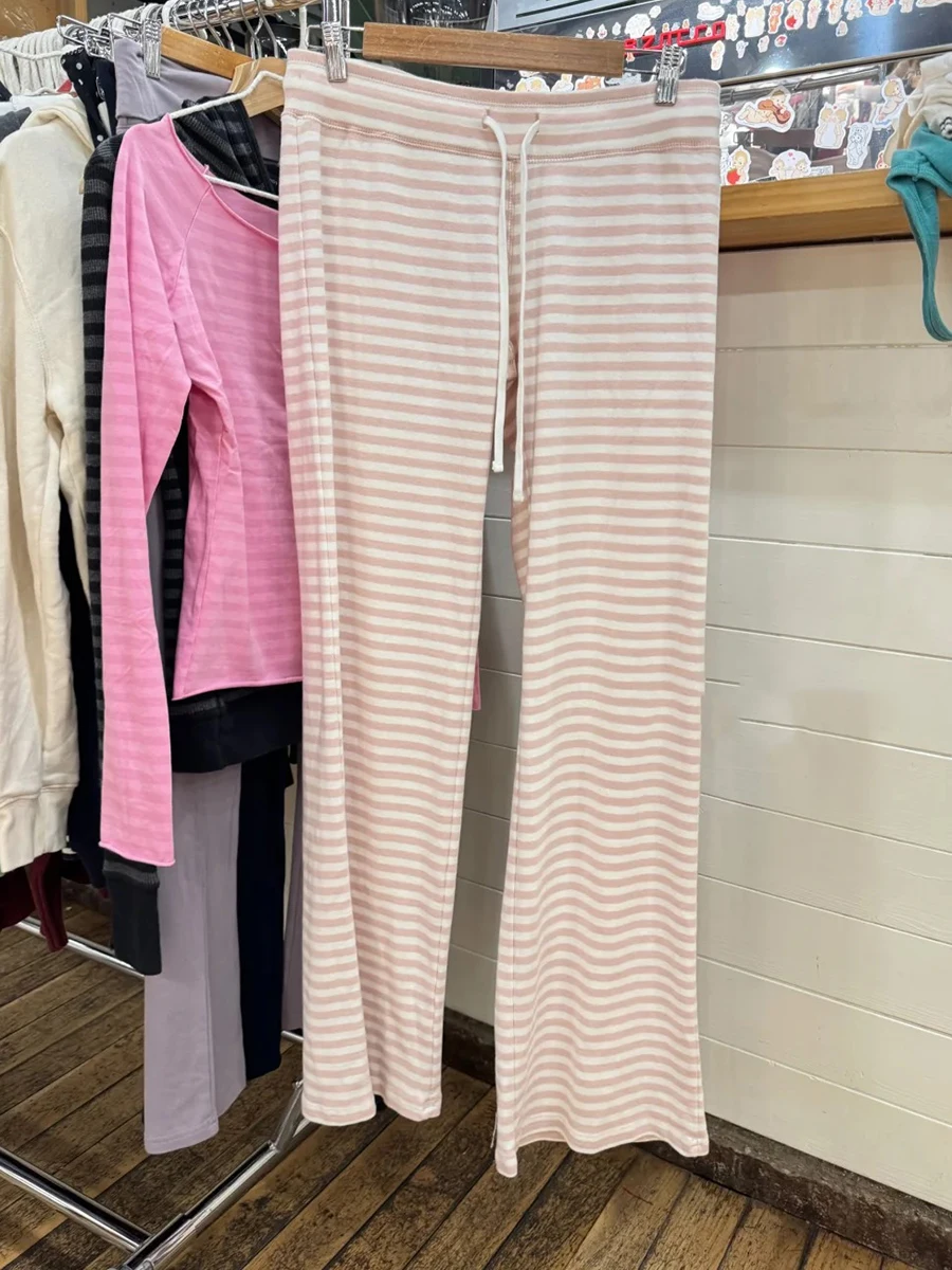 

Сладкие розовые полосатые широкие брюки на шнурке для женщин, осенние, хлопковые, мягкие, с высокой талией, повседневные, в стиле Y2K, шикарные, в стиле преппи