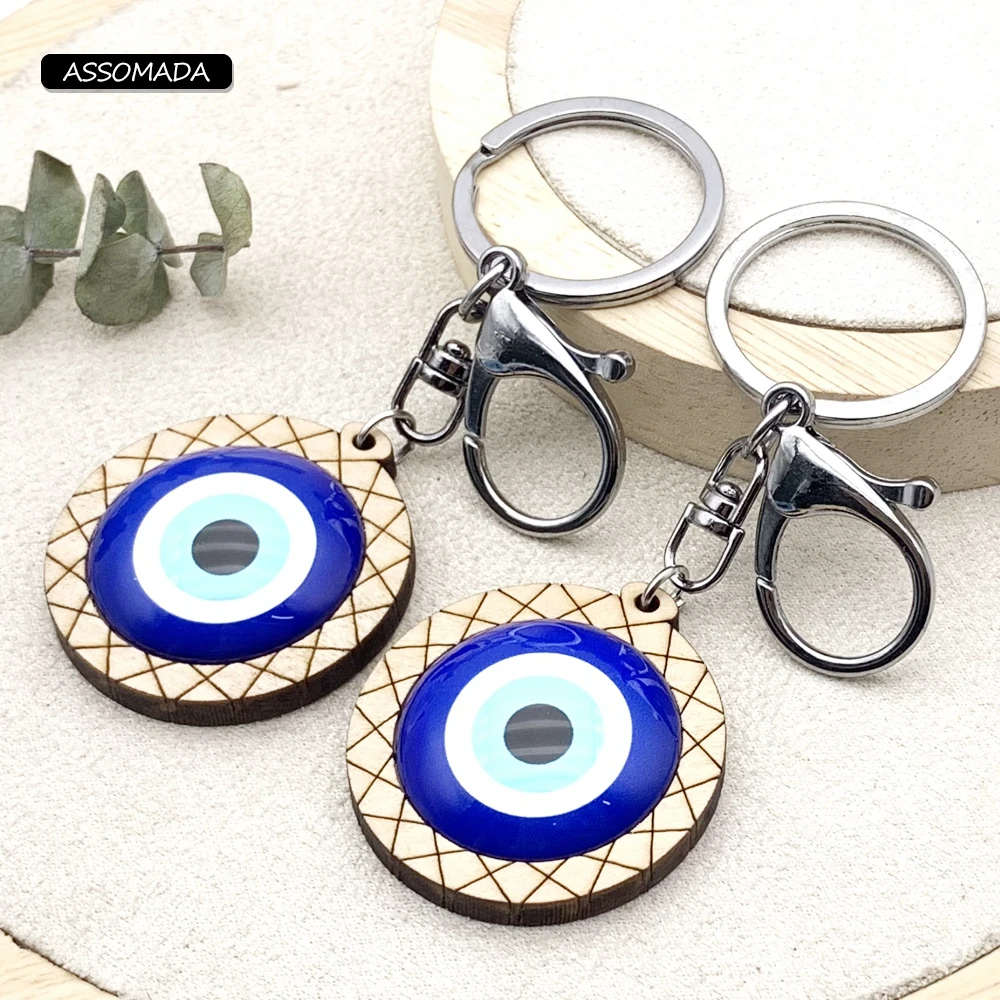 ASSOMADA Wood Lucky Evil Eye Keychains For Girl Women Men Bag Car Handmade Turkish Blue Eyes Key Chain Pendant Decoration Gift