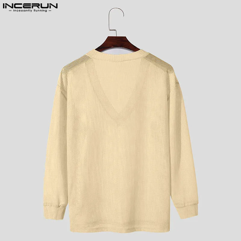 INCERUN Men T Shirt Hollow Out Solid Color V Neck Long Sleeve Casual Men Clothing Streetwear 2024 Transparent Fashion Camisetas