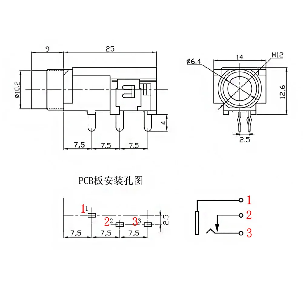 Mono 6.35mm Jack Female Microphone Audio Jacks Connector 3 Pin DIP PCB Panel Mount 1/4inch 6.35 /6.5 Interface with Nut