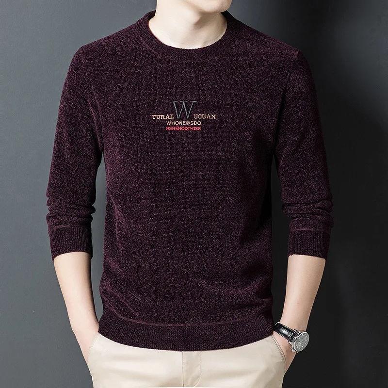 Chenille Men's Thickened Sweater Winter New Men's round Neck Warm Knitted Bottoming Shirt Embroidery T-shirt