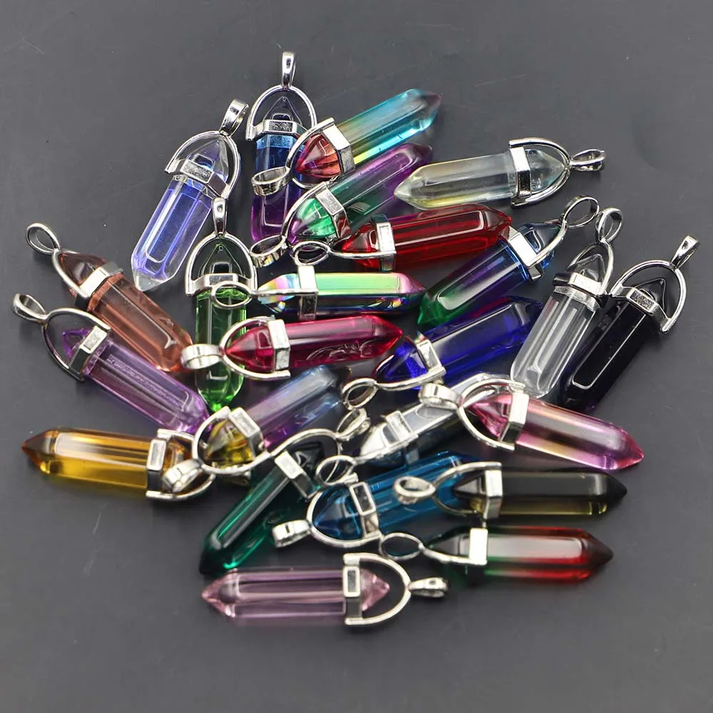 Quality Natural Agate Glass Multicolor Point Pillar Necklace Pendant Fashion Bracelet Jewelry Making Accessories Wholesale 30Pcs
