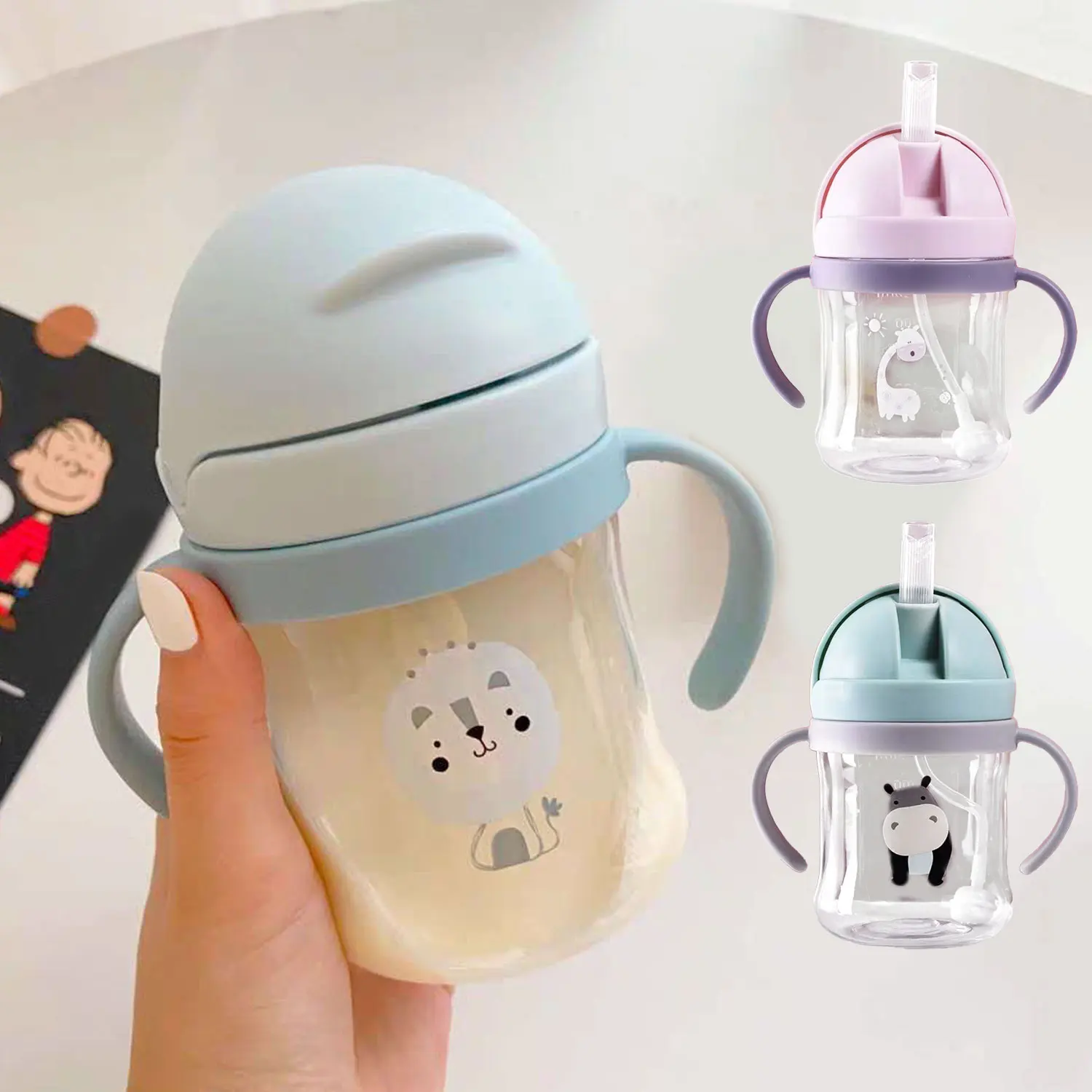 Cartoon Straw Mug, 250ml Drop-proof Student Campus Drinking Mug Inverted No Leakage Small and Cute Portable