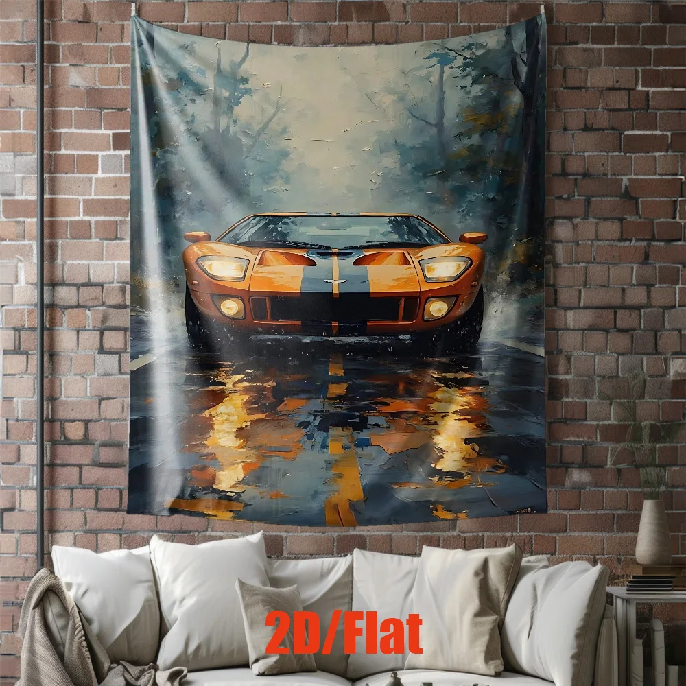1pcs Oil Painting Style Ford GT Tapestry, Orange Classic Sports Car in Rainy Forest Wall Hanging, Aesthetic Room Decor