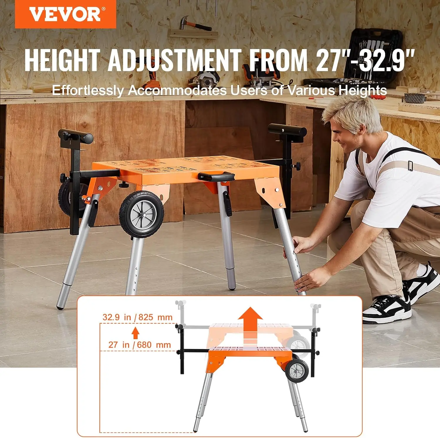 Miter Saw Stand with Tabletop and Wheels, 330lbs Load Capacity Steel Collapsible Rolling Stand for Miter Saw, Adjustable Height