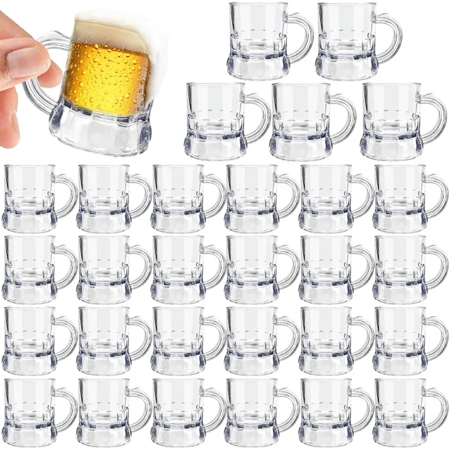 30 Uds Mini tazas de cerveza de plástico 1 oz vasos de chupito de plástico transparente con asas vasos de degustación de cerveza reutilizables para beber Ide
