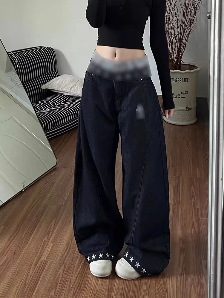 

American Style Spliced Leopard Print High Waist Jeans Women's Vintage Design Star Print Floor-Length Pants Casual Loose Fit