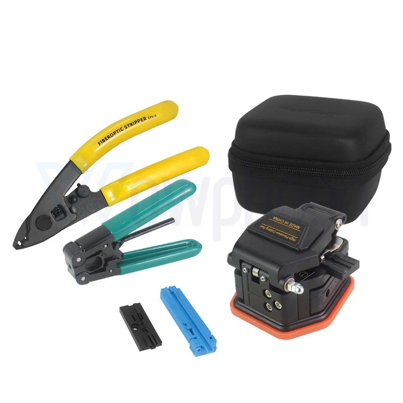 

Customization FTTH Fiber Tool Kit with Fiber Cleaver and 2 Port Stripper, Fiber Fixture, Wire Stripper, Length Setter and Bag