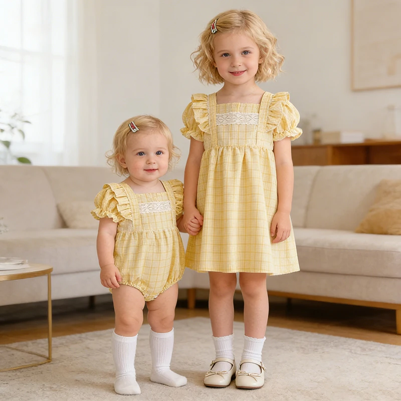 2026 Neue Sommer-Schwesterkleidung Mädchen Partykleid mit Spitzeneinsatz 2-6 Jahre Kurzärmeliger Baumwoll-Baby-Strampler Kinder Prinzessinnenkleid