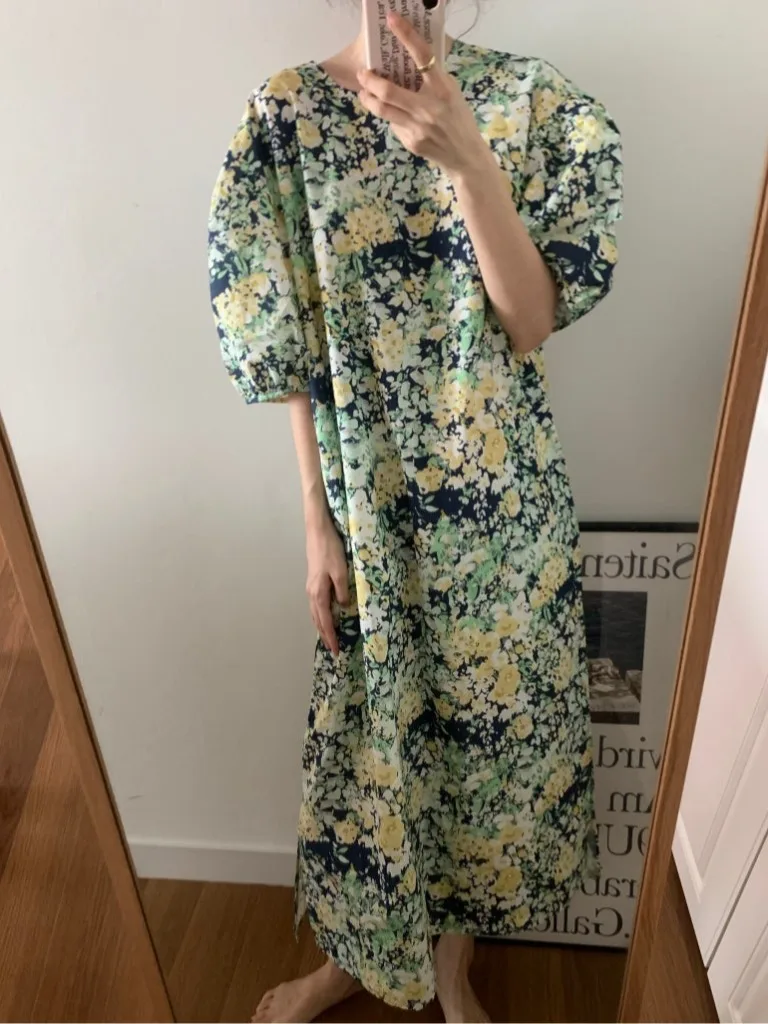 Retro Anti-Aging Two-Way Floral adient Print Loose Bubble Sve Long Dr Women's Summer New Sle Cotton Polyester Blend