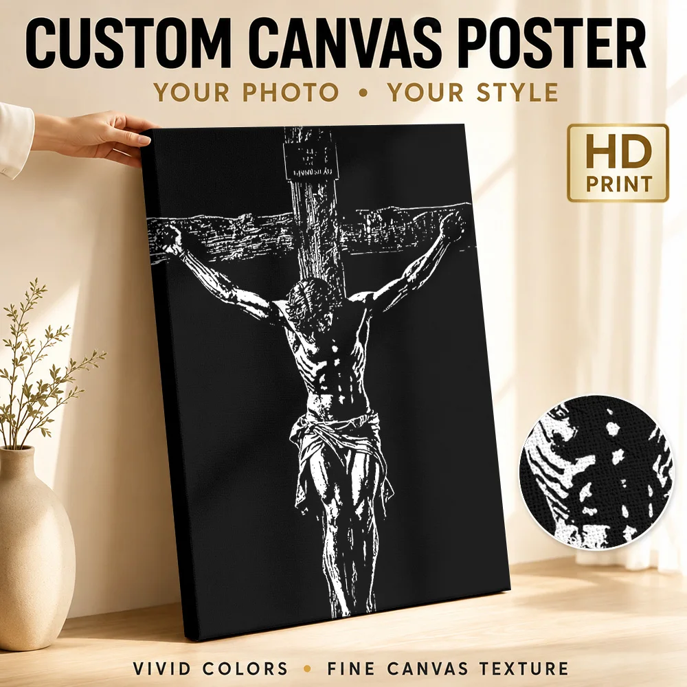 Jesus Christ Crucifixion Faith Wood Framed Canvas Poster Customized Photo Monochrome Wall Art For Living Room Housewarming Gift