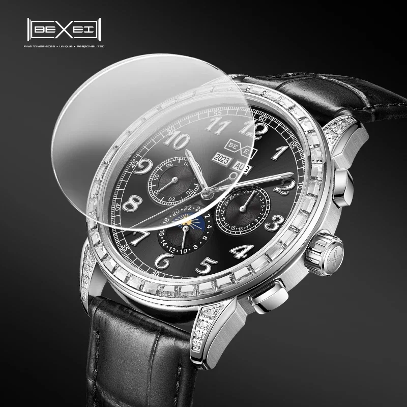 BEXEI 2025 年月日日 24 時間表示機械式自動巻きムーブメント 38 ジルコンベゼルマンウォッチサファイアビジネススタイル