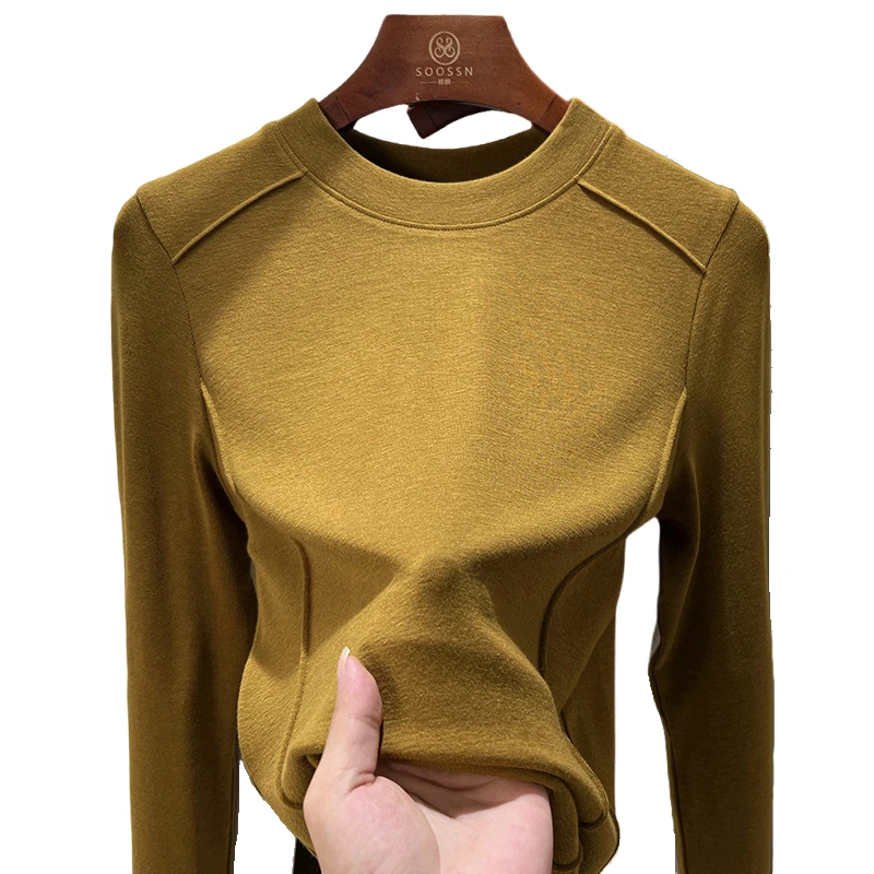 Ropa de manga larga para mujer, Tops de algodón de alta elasticidad, blusas de cuello redondo con Color sólido, otoño