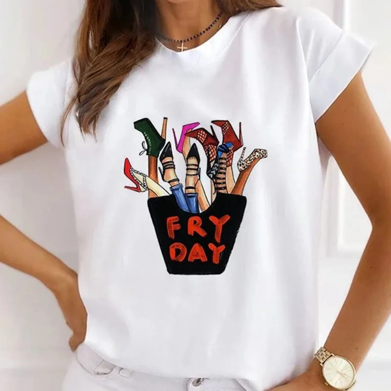 Women Fry Day High Heels Graphic T‑Shirt Funny Fashion Shoe Print Casual Short Sleeve Tee Tops Women Clothes Aesthetic