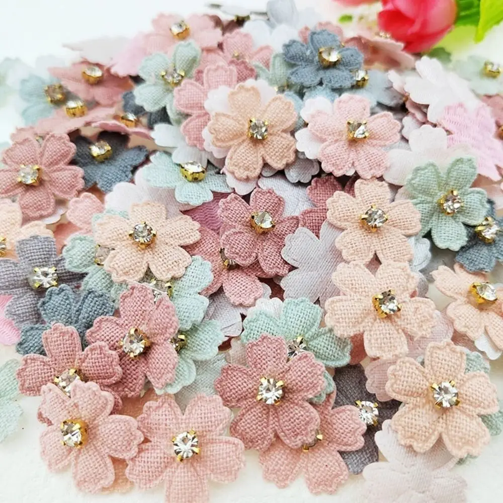 50pcs Flower With Rhinestone Applique For Clothes Hat Sewing Patches DIY Headwear Hair Clips Bow Decor Accessories