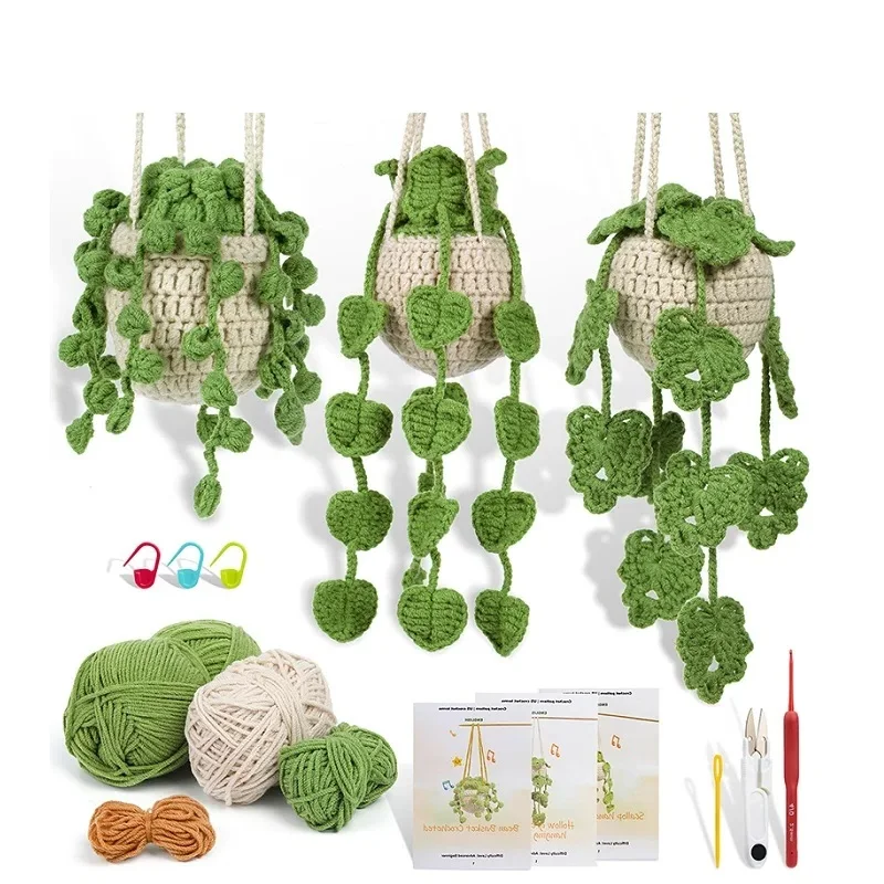 KRABALL Crochet Hanging Plant Kit for Beginners With Video Tutorial Cotton Knitting Yarn Thread Needles Hooks Knit Tool Set