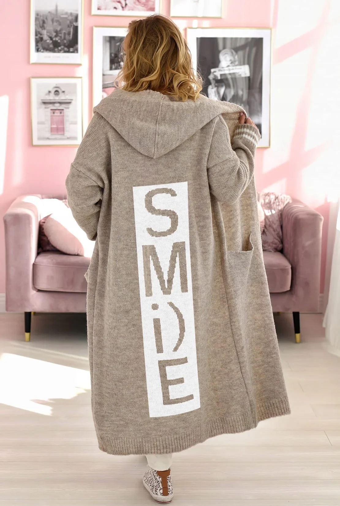 Letter Hooded Cardigan Knit Sweater Women Spring Autumn Winter Maxi Soft Spring Loose Coat Long Knitted Jacket Cardigan Jumpers