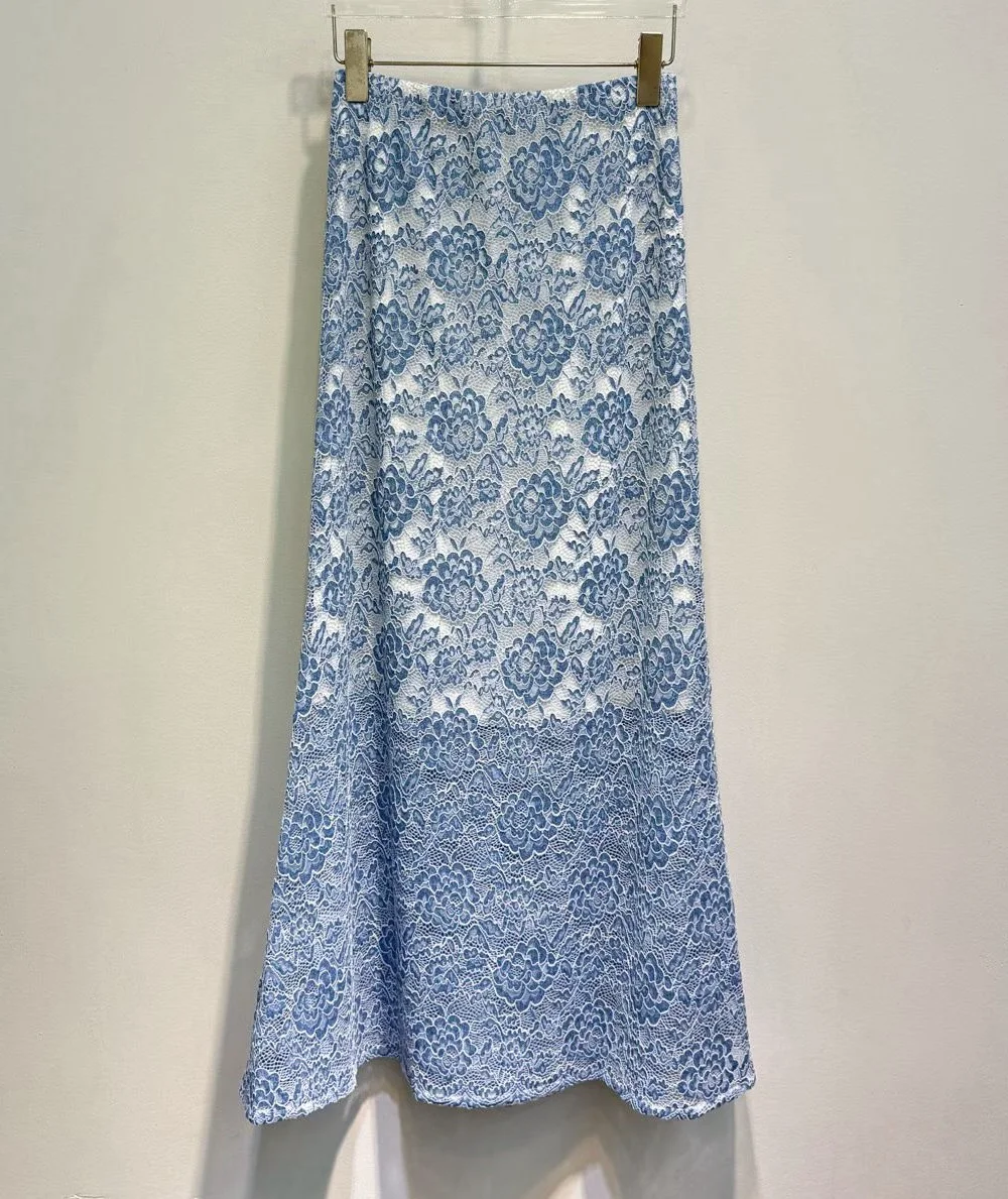 High Quality New Lace Long Skirt 2026 Spring Summer Fashion Women Allover Flower Patterns Elegant Blue Beige Black Party Skirts
