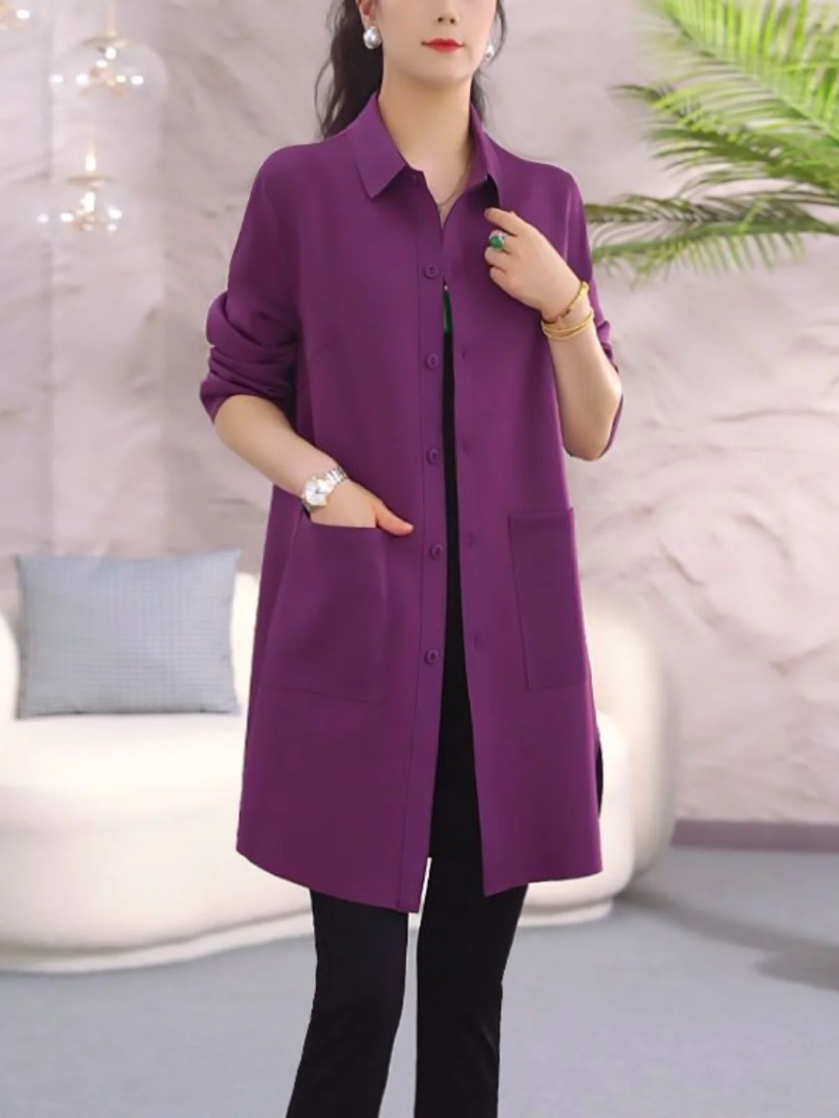 

Business Style Women's Long Coat Spring Autumn Casual Collar Open Cardigan Large Size Top for Middle-Aged Mothers