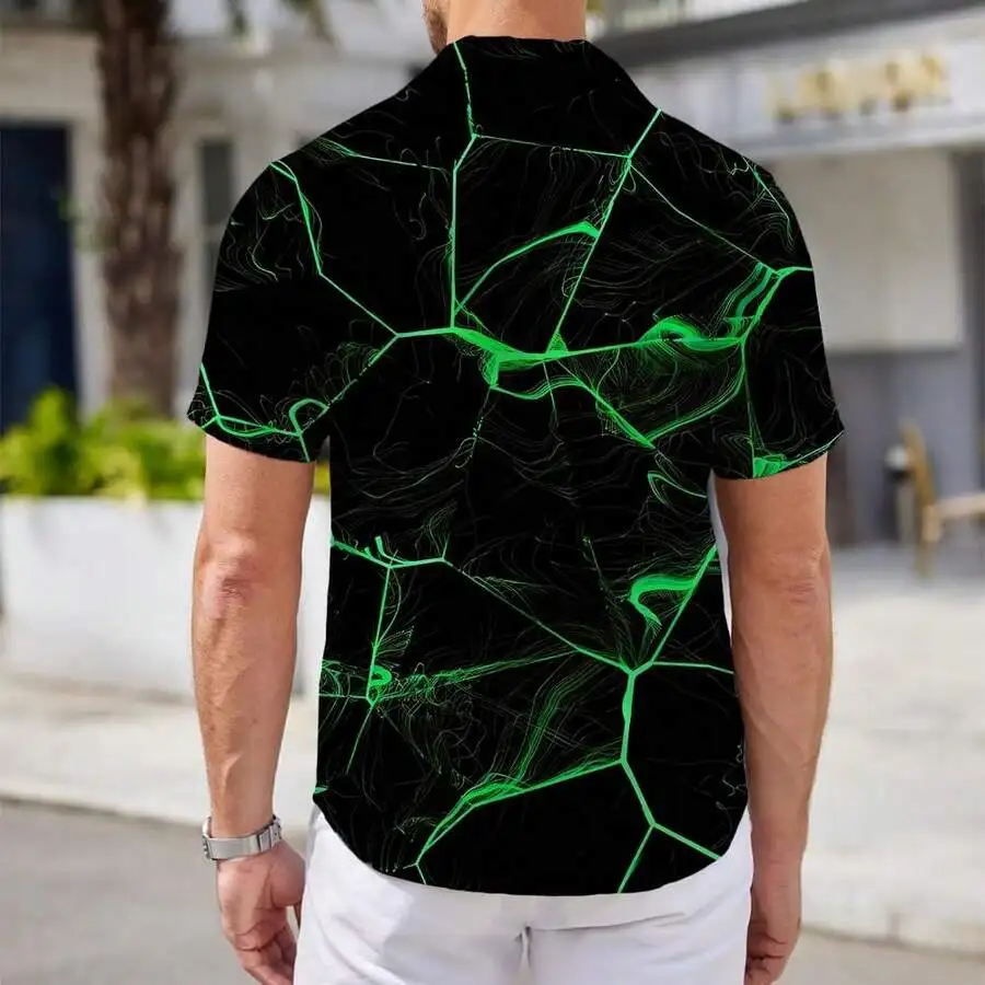 

Mens Short Sleeve Camp Shirt With Neon Green Fractal Print Breathable Lightweight Polyester Spandex