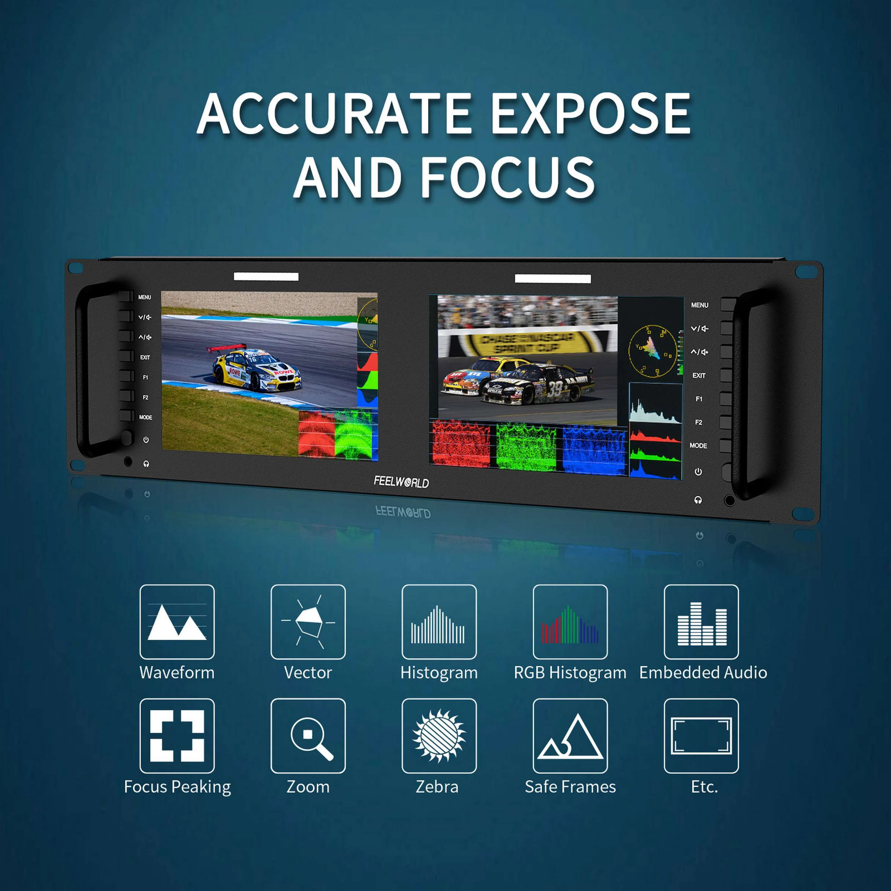 FEELWORLD D71 PLUS-H Monitor Rak, Monitor Rak HD, Dual 7"3RU 4K HDMI 1920x1200IPS, Grosir Pabrik OEM