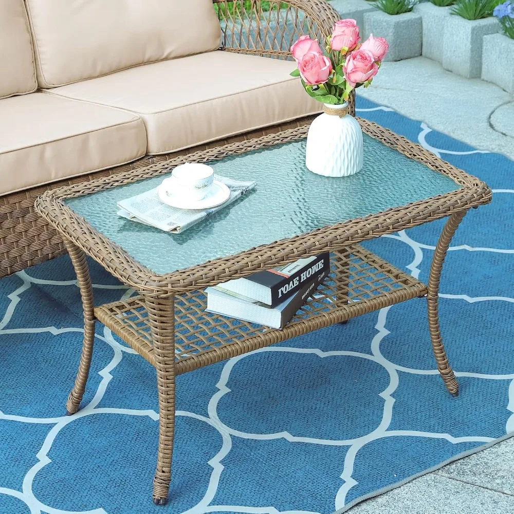 

MEETWARM Wicker Patio Coffee Table, 34.5 Rectangle Outdoor Coffee Table with Tempered Glass Top and 2-Tier Storage Shelf, All-We